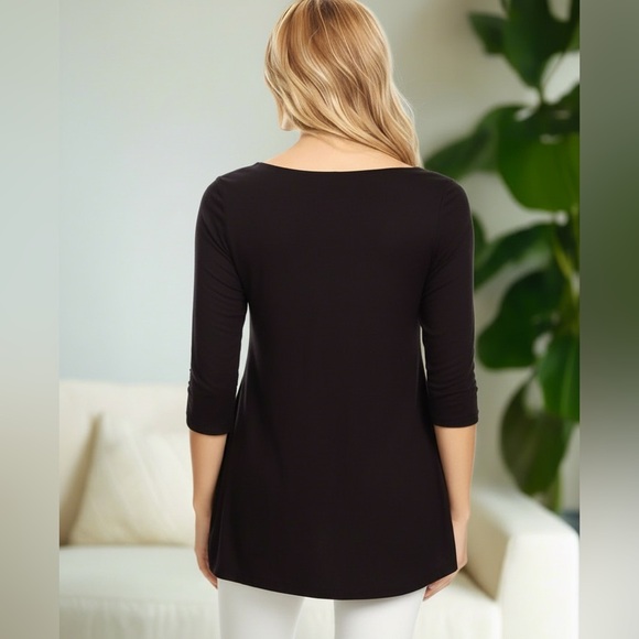 NEW Womens Black Asymmetric Top, 3/4 Sleeve Shirt, Side Buttons - Picture 7 of 9